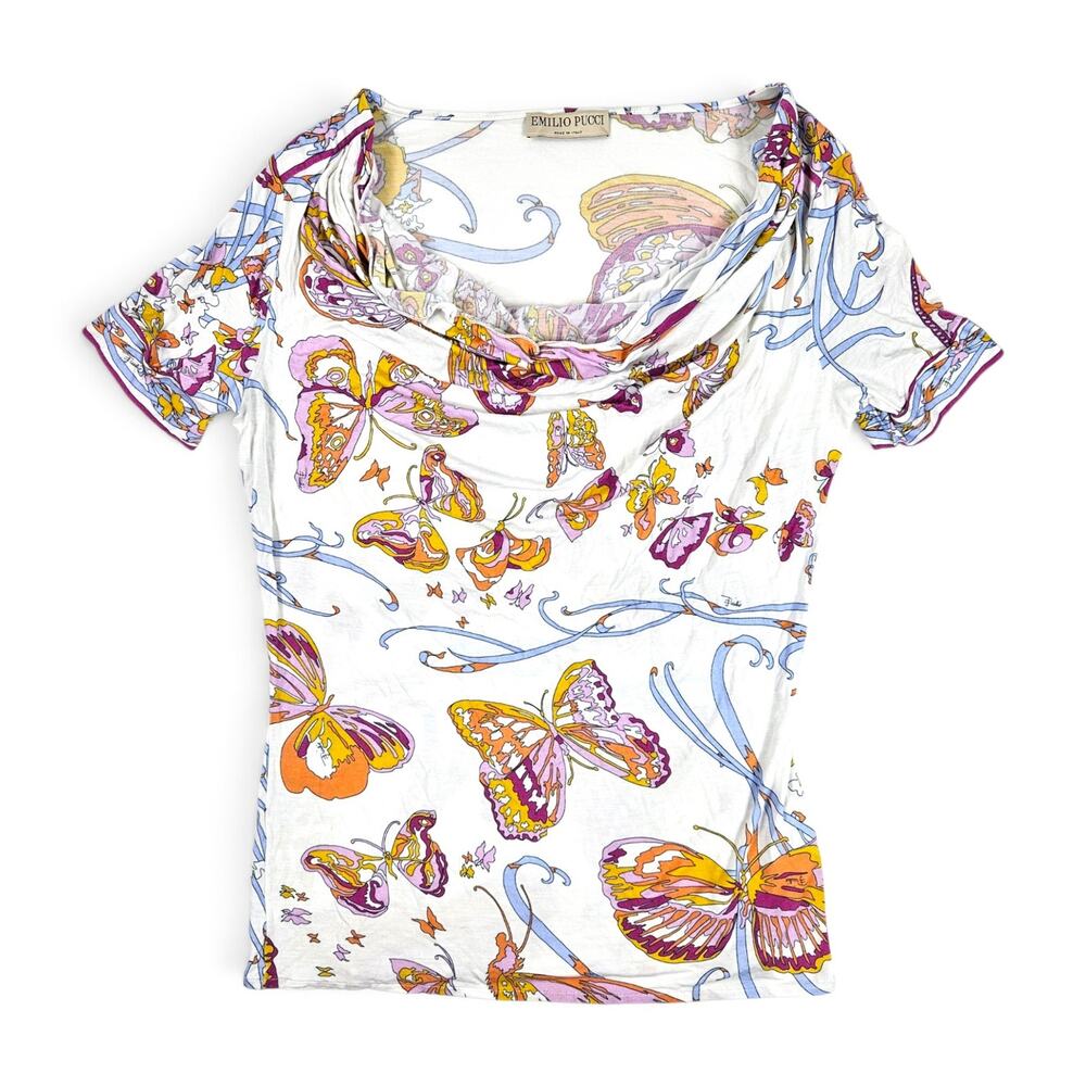 Emilio Pucci White Butterfly Print Cowl Neck Top - Small